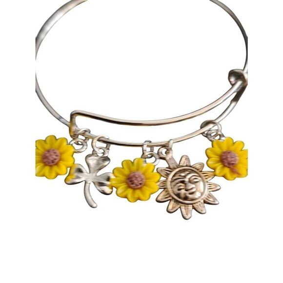 Silver Sunflower Charm Adjustable Bangle Bracelet - Picture 2 of 3